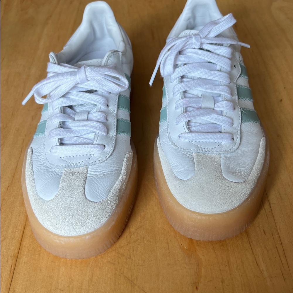 adidas Samba Platform Sneakers White with Light Blue Stripes and Gum Sole - Picture 3 of 7
